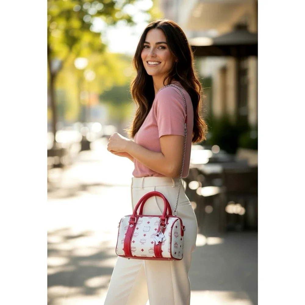 MCM Small Boston bag White Pink Visetos Satchel with Charm~Chain strap~Twilly